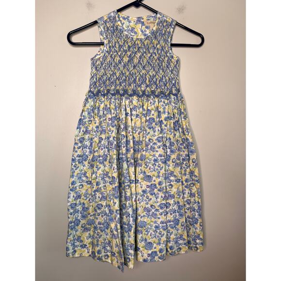 90s Copper Key Yellow Blue Cottage Coquette Smocked Embroidered Floral Dress 5 - Picture 1 of 5